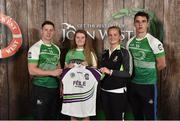 11 June 2016; U14 Féile na nGael participant Ellen Regan from Birr GAA Club, Co. Offaly, being presented with a commemorative jersey by John West ambassadors, Philly McMahon, left, and Danny Sutcliffe and Edwina Keane, Kilkenny camogie player, at the John West Féile National Skills Star Challenge 2016, at the  in the National Games Development Centre, Abbotstown, Dublin. Photo by Sportsfile