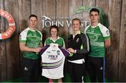 11 June 2016; U14 Féile na nGael participant Iris Kennelly from Newcastlewest GAA Club, Co. Limerick, being presented with a commemorative jersey by John West ambassadors, Philly McMahon, left, and Danny Sutcliffe and Edwina Keane, Kilkenny camogie player, at the John West Féile National Skills Star Challenge 2016, at the  in the National Games Development Centre, Abbotstown, Dublin. Photo by Sportsfile