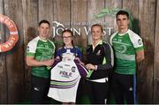 11 June 2016; U14 Féile na nGael participant Chloe Keenan from Castleblayney GAA Club, Co. Monaghan, being presented with a commemorative jersey by John West ambassadors, Philly McMahon, left, and Danny Sutcliffe and Edwina Keane, Kilkenny camogie player, at the John West Féile National Skills Star Challenge 2016, at the  in the National Games Development Centre, Abbotstown, Dublin. Photo by Sportsfile