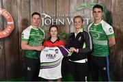 11 June 2016; U14 Féile na nGael participant Tara Monan from Ballygalget GAA Club, Co. Down, being presented with a commemorative jersey by John West ambassadors, Philly McMahon, left, and Danny Sutcliffe and Edwina Keane, Kilkenny camogie player, at the John West Féile National Skills Star Challenge 2016, at the  in the National Games Development Centre, Abbotstown, Dublin. Photo by Sportsfile