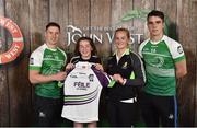 11 June 2016; U14 Féile na nGael participant Ríoghnach Kelly, from St Kevin's GAA, Co Louth, being presented with a commemorative jersey by John West ambassadors, Philly McMahon, left, and Danny Sutcliffe and Edwina Keane, Kilkenny camogie player, at the John West Féile National Skills Star Challenge 2016, at the  in the National Games Development Centre, Abbotstown, Dublin. Photo by Sportsfile