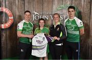 11 June 2016; U14 Féile na nGael participant Lily Doherty from Four Masters GAA Club, Co. Donegal, being presented with a commemorative jersey by John West ambassadors, Philly McMahon, left, and Danny Sutcliffe and Edwina Keane, Kilkenny camogie player, at the John West Féile National Skills Star Challenge 2016, at the  in the National Games Development Centre, Abbotstown, Dublin. Photo by Sportsfile