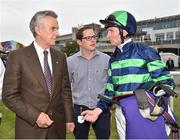 9 June 2016; Trainer Jim Bolger, from left, owner Michael D. Ryan and jockey Kevin Manning in conversation after winning the Friends of Dublin Football Maiden during the Bulmer's Evening Meeting in Leopardstown, Co. Dublin. Photo by Cody Glenn/Sportsfile