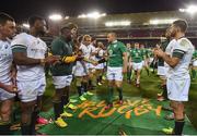 11 June 2016; Ireland captain Rory Best shakes hands with South Africa captain Adriaan Strauss as they are applauded off the pitch after the 1st test of the Castle Lager Incoming series between South Africa and Ireland at the DHL Newlands Stadium in Cape Town, South Africa. Photo by Brendan Moran/Sportsfile