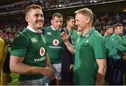 11 June 2016; Ireland head coach Joe Schmidt with Mike Ross, centre, and Paddy Jackson after the 1st test of the Castle Lager Incoming series between South Africa and Ireland at the DHL Newlands Stadium in Cape Town, South Africa. Photo by Brendan Moran/Sportsfile