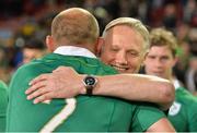 11 June 2016; Ireland head coach Joe Schmidt, right, hugs his captain Rory Best after the 1st test of the Castle Lager Incoming series between South Africa and Ireland at the DHL Newlands Stadium in Cape Town, South Africa. Photo by Brendan Moran/Sportsfile