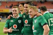 11 June 2016; Ireland players, from left, Paddy Jackson, Conor Murray and Keith Earls celebrate after the 1st test of the Castle Lager Incoming series between South Africa and Ireland at the DHL Newlands Stadium in Cape Town, South Africa. Photo by Brendan Moran/Sportsfile