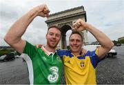 12 June 2016; Republic of Ireland supporter Dave Carrigan, from Cabinteely, Dublin, with Sweden supporter Magnus Johansson at the Arc de Triomphe during UEFA Euro 2016 in Paris, France. Photo by Stephen McCarthy/Sportsfile