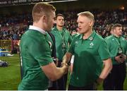 11 June 2016; Ireland head coach Joe Schmidt congratulates Paddy Jackson after the 1st test of the Castle Lager Incoming series between South Africa and Ireland at the DHL Newlands Stadium in Cape Town, South Africa. Photo by Brendan Moran/Sportsfile