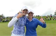 12 June 2016; Irish players Olivia Mehaffey, left, and Leona Maguire of GB&I celebrate after GB&I beat the USA to win the Curtis Cup during day three of the Curtis Cup Matches at Dun Laoghaire Golf Club in Enniskerry, Co. Wicklow. Photo by Matt Browne/Sportsfile