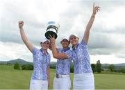 12 June 2016; Irish players, from left, Leona Maguire, Maria Dunne and Olivia Mehaffey, of GB&I, celebrate with the Curtis Cup after GB&I beat the USA to win the Curtis Cup during day three of the Curtis Cup Matches at Dun Laoghaire Golf Club in Enniskerry, Co. Wicklow. Photo by Matt Browne/Sportsfile
