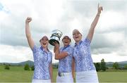 12 June 2016; Irish players, from left, Leona Maguire, Maria Dunne and Olivia Mehaffey, of GB&I, celebrate with the Curtis Cup after GB&I beat the USA to win the Curtis Cup during day three of the Curtis Cup Matches at Dun Laoghaire Golf Club in Enniskerry, Co. Wicklow. Photo by Matt Browne/Sportsfile