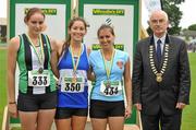 10 July 2010; The Pole Vault medallists, from left, Claire Wilkinson, Ballymena & Antrim AC, Tori Pena, Finn Valley AC, and Sarah Semeraro, University of Ulster AC, with Liam Hennessy, President of Athletics Ireland, at the Woodie's DIY AAI Senior Track & Field Championships. Morton Stadium, Santry, Dublin. Picture credit: Brendan Moran / SPORTSFILE