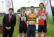 11 July 2010; John Foley, left, CEO, Athletics Ireland, with the medallists from the Men's 400m Hurdles, bronze medallist John Fagan, 487, Clonliffe Harriers AC, gold medallist Patrick Maher, 69, Leevale AC, and silver medallist Tom Carey, 421, City of Derry AC, during the Woodie's DIY AAI Senior Track & Field Championships at Morton Stadium in Santry, Dublin. Photo by Brendan Moran/Sportsfile