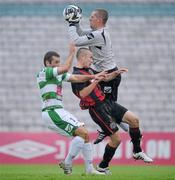 13 July 2010; The New Saints FC goalkeeper Paul Harrison and Daniel Holmes, in action against Paddy Madden, Bohemians. UEFA Champions League Second Qualifying Round - 1st Leg, Bohemians v The New Saints FC, Dalymount Park, Dublin. Picture credit: David Maher / SPORTSFILE