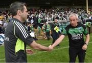 12 June 2016; Donegal manager Rory Gallagher and Fermanagh manager Pete McGrath exchange hands after their Ulster GAA Football Senior Championship Quarter-Final match between Fermanagh and Donegal at MacCumhaill Park in Ballybofey, Co. Donegal. Photo by Oliver McVeigh/Sportsfile