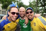 12 June 2016; Republic of Ireland supporter Scott D'Arcy, from Ballyfermot, Co. Dublin, with Sweden supporters in Montmartre at UEFA Euro 2016 in Paris, France. Photo by Stephen McCarthy/Sportsfile