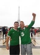 12 June 2016; Republic of Ireland supporters Eddie Dunne, left, and Andy Moloney, from Shannon, Co. Clare, are photographed in front of the Eiffel Tower at  UEFA Euro 2016 in Paris, France. Photo by Stephen McCarthy/Sportsfile