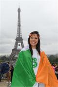 12 June 2016; Republic of Ireland supporter Isabel Jiaron is photographed in front of the Eiffel Tower at  UEFA Euro 2016 in Paris, France. Photo by Stephen McCarthy/Sportsfile