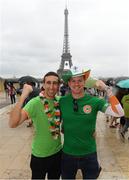 12 June 2016; Republic of Ireland supporters Eoin O'Keeffe, left, and Philip Tobin, from Tramore, Co. Waterford, are photographed in front of the Eiffel Tower at  UEFA Euro 2016 in Paris, France. Photo by Stephen McCarthy/Sportsfile