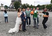 12 June 2016; Republic of Ireland supporters, from left, Adrian Farran, Martin Millar, Sean Convie and Ciaran Convie, from Armagh, are photographed in front of the Eiffel Tower at UEFA Euro 2016 in Paris, France. Photo by Stephen McCarthy/Sportsfile