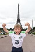 12 June 2016; Republic of Ireland supporter James Roche, age 8, from Firhouse, Dublin, are photographed in front of the Eiffel Tower at  UEFA Euro 2016 in Paris, France. Photo by Stephen McCarthy/Sportsfile
