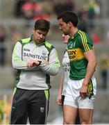 12 June 2016; Anthony Maher of Kerry with Kerry manager Eamonn Fitzmaurice before he went on to replace team-mate Kieran Donaghy during the second half of their Munster GAA Football Senior Championship Semi-Final match with Clare at Fitzgerald Stadium in Killarney, Co. Kerry. Photo by Diarmuid Greene/Sportsfile