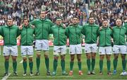 11 June 2016; Ireland players, from left, Jack McGrath, Jordi Murphy, Devin Toner, CJ Stander, Conor Murray, Robbie Henshaw, Paddy Jackson and Luke Marshall stand for the national anthem before the 1st test of the Castle Lager Incoming series between South Africa and Ireland at the DHL Newlands Stadium in Cape Town, South Africa. Photo by Brendan Moran/Sportsfile