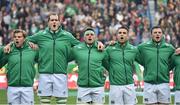 11 June 2016; Ireland players, from left, Jordi Murphy, Devin Toner, CJ Stander, Conor Murray and Robbie Henshan sing the national anthem before the 1st test of the Castle Lager Incoming series between South Africa and Ireland at the DHL Newlands Stadium in Cape Town, South Africa. Photo by Brendan Moran/Sportsfile