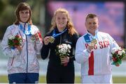 13 June 2016; Noelle Lenihan, centre, of North Cork Athletic Club, from Charleville, Co. Cork, pictured on the podium with her gold medal, F38 class discus, alongside Eva Berna, left, of Czech Republic, second place, and Irina Vertinskaya, right, of Russia, third place, at the 2016 IPC Athletic European Championships in Grosseto, Italy. Photo by Luc Percival/Sportsfile