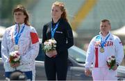 13 June 2016; Noelle Lenihan, centre, of North Cork Athletic Club, from Charleville, Co. Cork, pictured on the podium with her gold medal, F38 class discus, alongside Eva Berna, left, of Czech Republic, second place, and Irina Vertinskaya, right, of Russia, third place, at the 2016 IPC Athletic European Championships in Grosseto, Italy. Photo by Luc Percival/Sportsfile