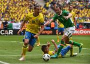13 June 2016; Zlatan Ibrahimovic of Sweden in action against John O'Shea of Republic of Ireland during the UEFA Euro 2016 Group E match between Republic of Ireland and Sweden at Stade de France in Saint Denis, Paris, France. Photo by David Maher/Sportsfile