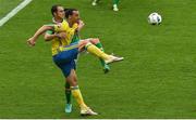 13 June 2016; Zlatan Ibrahimovic of Sweden in action against John O'Shea of Republic of Ireland during the UEFA Euro 2016 Group E match between Republic of Ireland and Sweden at Stade de France in Saint Denis, Paris, France. Photo by Sportsfile