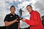 15 July 2010; Bohemians' Paddy Madden, right, is presented with the Airtricity / SWAI Player of the Month Award for June by Ireland international and previous winner of the award Kevin Doyle. Carton House, Maynooth, Co. Kildare. Picture credit: Brian Lawless / SPORTSFILE
