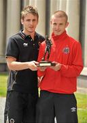 15 July 2010; Bohemians' Paddy Madden, right, is presented with the Airtricity / SWAI Player of the Month Award for June by Ireland international and previous winner of the award Kevin Doyle. Carton House, Maynooth, Co. Kildare. Picture credit: Brian Lawless / SPORTSFILE
