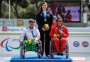 14 June 2016; Ireland's Orla Barry of Leevale Athletics Club, from Ladysbridge, Co. Cork, with her gold medal, F57 class discus, alongside Ivanka Koleva, left, of Bulgaria, second place, and Martina Willing, right, of Germany, third place, at the 2016 IPC Athletic European Championships in Grosseto, Italy. Photo by Luc Percival/Sportsfile