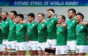 15 June 2016; The Ireland players during the playing of the National Anthem prior to the World Rugby U-20 Championships match between Ireland and Georgia at Manchester City Academy Stadium in Manchester, England. Photo by Matt McNulty/Sportsfile