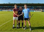 15 June 2016; Referee Barry Redmond with Liam Varley of Westmeath and Jake Malone of Dublin before the Bord Gáis Energy Leinster GAA Hurling U21 Championship Semi-Final match between Westmeath and Dublin at Parnell Park in Dublin. Photo by Matt Browne/Sportsfile