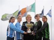 19 July 2010; Dublin’s Peamount United take on Galway’s Salthill Devon in the FAI Umbro Senior Women’s Cup Final in Tolka Park on Sunday, July 25th, kick-off at 3pm. In attendance are match referee Rhona Daly, centre, with from left, Salthill Devon players Lucy Hannon, and Ruth Fahy, captain, and Peamount United players captain Linda Meehan, and Aine O'Gorman, with the FAI Women's trophy. Abbotstown, Dublin. Picture credit: Brian Lawless / SPORTSFILE