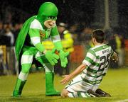 15 July 2010; Robert Bayly, Shamrock Rovers, celebrates with mascot Hooperman after scoring his side's equalising goal. UEFA Europa League Second Qualifying Round - 1st Leg, Shamrock Rovers v Bnei Yehuda Tel-Aviv FC, Tallaght Stadium, Tallaght, Dublin. Picture credit: Stephen McCarthy / SPORTSFILE