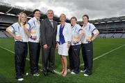 20 July 2010; The Ladies Gaelic Football Association have announced the appointment of four Urban Programme Officers. The Officers will work to increase female participants to existing clubs and to create new clubs in specific urban areas around the country. The programme, which is supported by Uachtarán Chumann Lúthchleas Gael Criostóir Ó Cuana, pictured with Helen O'Rourke, Chief Executive, Cummann Peil na mBan, and the Urban Programme Officers, from left, Lisa Cafferky, Mayo, Cliodhna O’Connor, Dublin, Tara Ryan, Tipperary, and Eliza Downey, Down, aims to recruit an additional 6,000 new players over a two year period. Croke Park, Dublin. Picture credit: Brian Lawless / SPORTSFILE