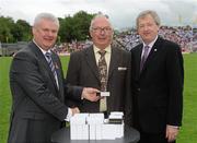 18 July 2010; Ulster GAA President Aoghan Farrell, left, and GAA Director General Páraic Duffy, right, with Joe Lennon, honoured as a member of the Down Jubilee teams of 1960-61, during the Ulster GAA Football Finals. St Tighearnach's Park, Clones, Co. Monaghan. Picture credit: Oliver McVeigh / SPORTSFILE