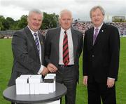 18 July 2010; Ulster GAA President Aoghan Farrell, left, and GAA Director General Páraic Duffy, right, with Tony Hadden, honoured as a member of the Down Jubilee teams of 1960-61, during the Ulster GAA Football Finals. St Tighearnach's Park, Clones, Co. Monaghan. Picture credit: Oliver McVeigh / SPORTSFILE