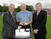 18 July 2010; Ulster GAA President Aoghan Farrell, left, and GAA Director General Páraic Duffy, right, with Bernard Morgan son of the late Breen Morgan, honoured as a member of the Down Jubilee teams of 1960-61, during the Ulster GAA Football Finals. St Tighearnach's Park, Clones, Co. Monaghan. Picture credit: Oliver McVeigh / SPORTSFILE