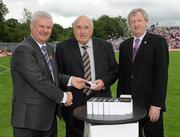 18 July 2010; Ulster GAA President Aoghan Farrell, left, and GAA Director General Páraic Duffy, right, with Eamon Lundy, honoured as a member of the Down Jubilee teams of 1960-61, during the Ulster GAA Football Finals. St Tighearnach's Park, Clones, Co. Monaghan. Picture credit: Oliver McVeigh / SPORTSFILE