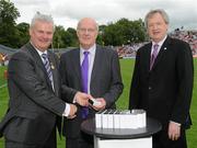 18 July 2010; Ulster GAA President Aoghan Farrell, left, and GAA Director General Páraic Duffy, right, with John Haughian, honoured as a member of the Down Jubilee teams of 1960-61, during the Ulster GAA Football Finals. St Tighearnach's Park, Clones, Co. Monaghan. Picture credit: Oliver McVeigh / SPORTSFILE