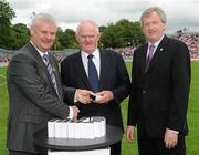 18 July 2010; Ulster GAA President Aoghan Farrell, left, and GAA Director General Páraic Duffy, right, with Gerry McCashin, honoured as a member of the Down Jubilee teams of 1960-61, during the Ulster GAA Football Finals. St Tighearnach's Park, Clones, Co. Monaghan. Picture credit: Oliver McVeigh / SPORTSFILE