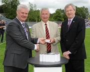 18 July 2010; Ulster GAA President Aoghan Farrell, left, and GAA Director General Páraic Duffy, right, with Henry Flynn son of the late Danny Flynn RIP, honoured as a member of the Down Jubilee teams of 1960-61, during the Ulster GAA Football Finals. St Tighearnach's Park, Clones, Co. Monaghan. Picture credit: Oliver McVeigh / SPORTSFILE
