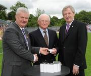 18 July 2010; Ulster GAA President Aoghan Farrell, left, and GAA Director General Páraic Duffy, right, with Dr Martin Walsh, honoured as a member of the Down Jubilee teams of 1960-61, during the Ulster GAA Football Finals. St Tighearnach's Park, Clones, Co. Monaghan. Picture credit: Oliver McVeigh / SPORTSFILE