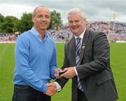 18 July 2010; Ulster GAA President Aoghan Farrell, right, with Brendan Murray, honoured as a Captain of the Monaghan Jubilee team of 1985, during the Ulster GAA Football Finals. St Tighearnach's Park, Clones, Co. Monaghan. Picture credit: Oliver McVeigh / SPORTSFILE